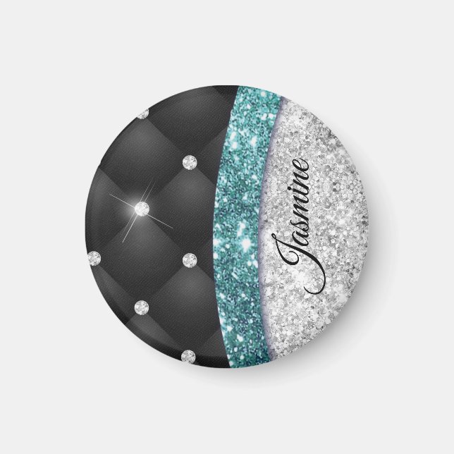 Chic Girl Imitate Silver Glitzer Schwarz aquamarin Magnet (Vorne)