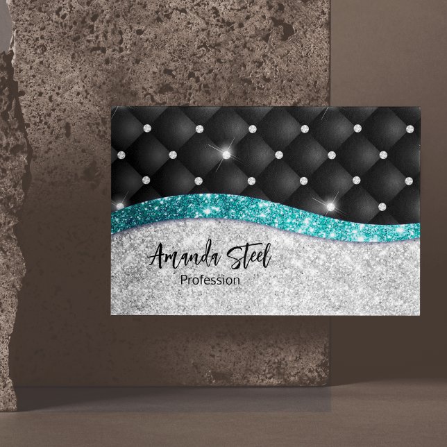 Chic Girl Imitate Silver Glitzer Schwarz aquamarin Magnetische Visitenkarte (Von Creator hochgeladen)