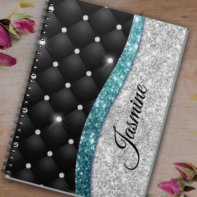 Chic Girl Imitate Silver Glitzer Schwarz aquamarin Notizblock (Von Creator hochgeladen)