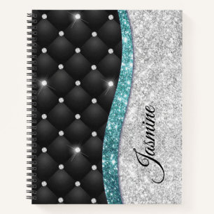 Chic Girl Imitate Silver Glitzer Schwarz aquamarin Notizbuch