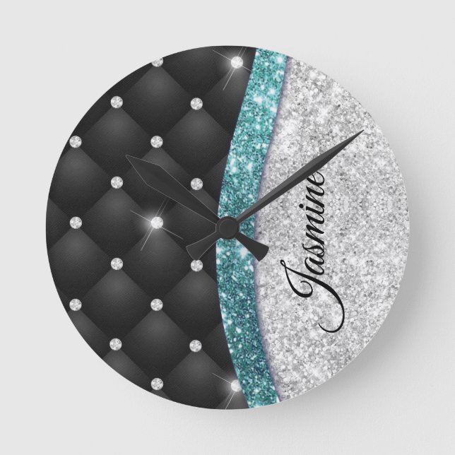 Chic Girl Imitate Silver Glitzer Schwarz aquamarin Runde Wanduhr (Vorderseite)