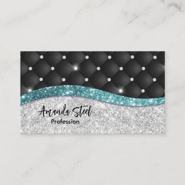 Chic Girl Imitate Silver Glitzer Schwarz aquamarin Terminkarte (Vorderseite)
