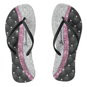 Chic Girl Imitate Silver Glitzer Schwarz Pink Mono Flip Flops