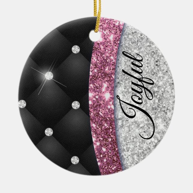 Chic Girl Imitate Silver Glitzer Schwarz Pink Mono Keramik Ornament (Vorne)