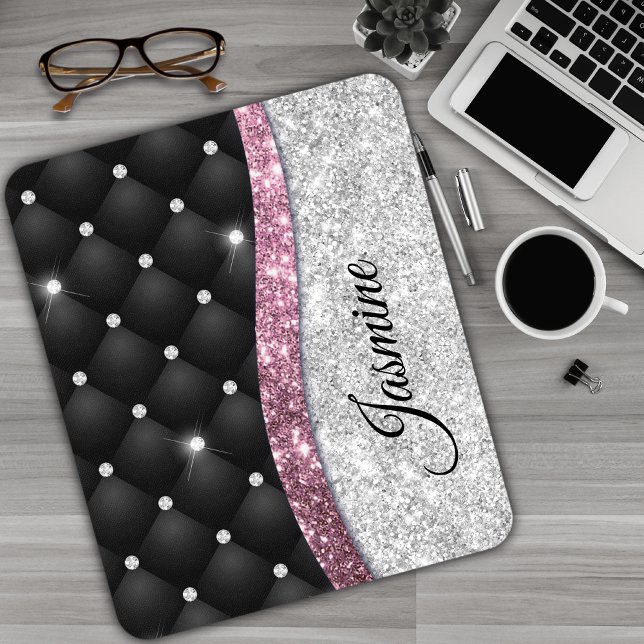 Chic Girl Imitate Silver Glitzer Schwarz Pink Mono Mousepad (Von Creator hochgeladen)