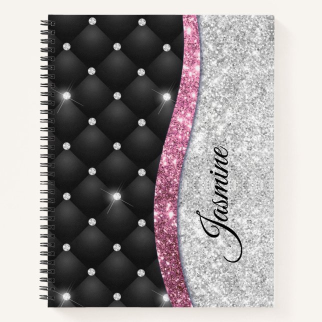 Chic Girl Imitate Silver Glitzer Schwarz Pink Mono Notizbuch (Vorderseite)