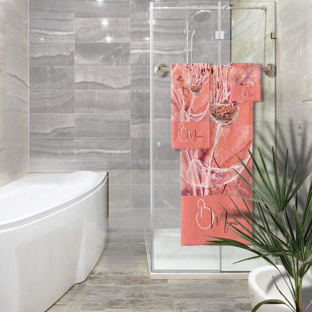 Chic Girl Peach Pink Blume Monogramm Badhandtuch Set (Chic Girly Peach Pink Flowers Monogram Bath Towel Set)