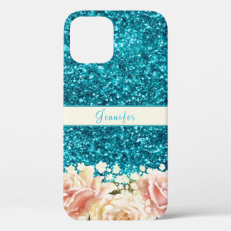 Chic Girly Blue Glitzer Blumendesign Case-Mate iPhone Hülle