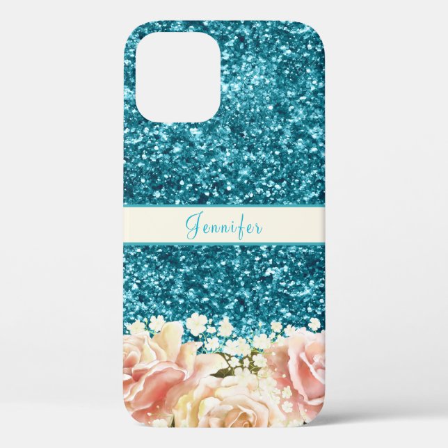 Chic Girly Blue Glitzer Blumendesign Case-Mate iPhone Hülle (Rückseite)
