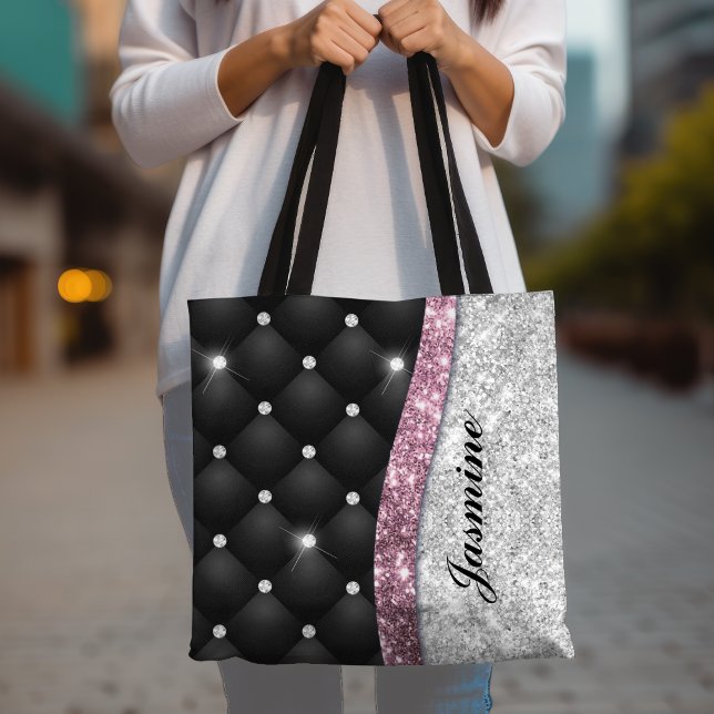 Chic girly faux Silver glitter black pink monogram (Von Creator hochgeladen)