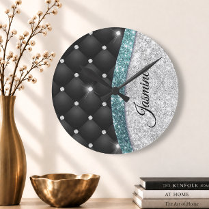 Chic girly faux Silver glitter black teal monogram Runde Wanduhr