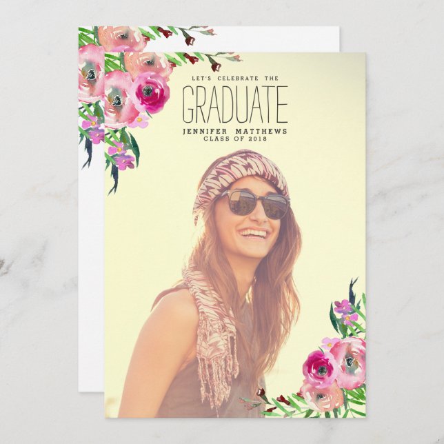 Chic Girly Floral Foto Graduation Party Einladung (Vorne/Hinten)
