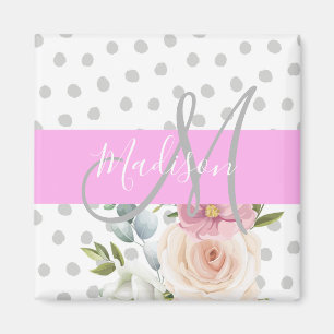 Chic & Girly Floral Weiß Pink Grau Monogramm Name Magnet