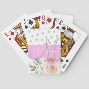 Chic & Girly Floral Weiß Pink Grau Monogramm Name Spielkarten