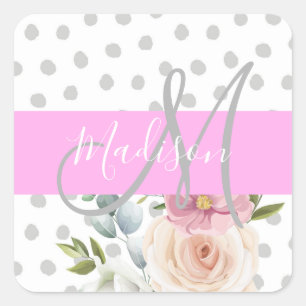 Chic & Girly Floral Weiß Rosa Grau Monogramm Name Quadratischer Aufkleber