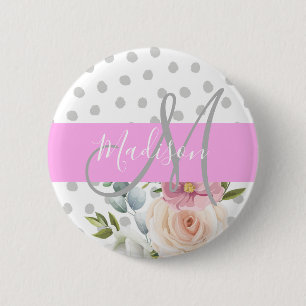 Chic & Girly Floral White Pink Grau Monogramm Name Button