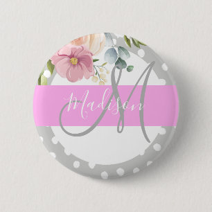 Chic & Girly Floral White Pink Grau Monogramm Name Button