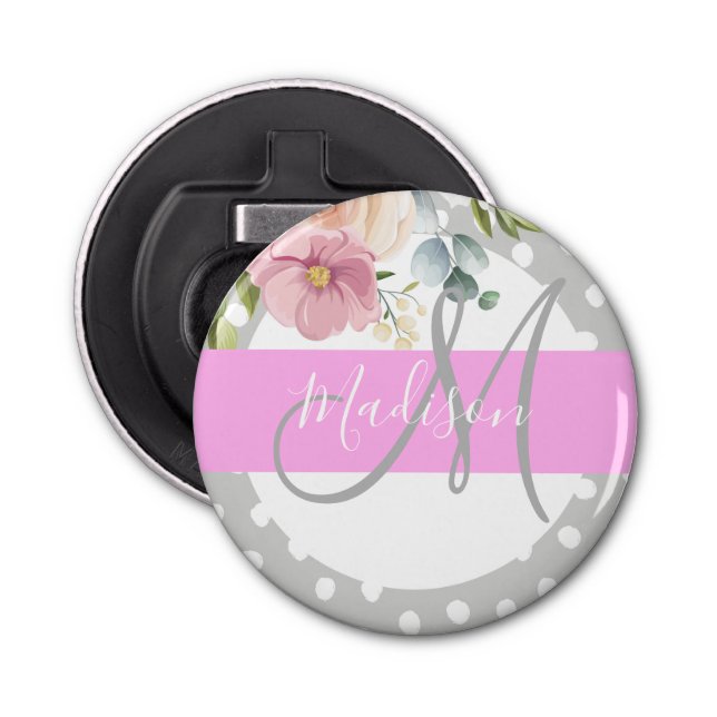 Chic & Girly Floral White Pink Grau Monogramm Name Flaschenöffner