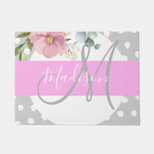 Chic & Girly Floral White Pink Grau Monogramm Name Fußmatte