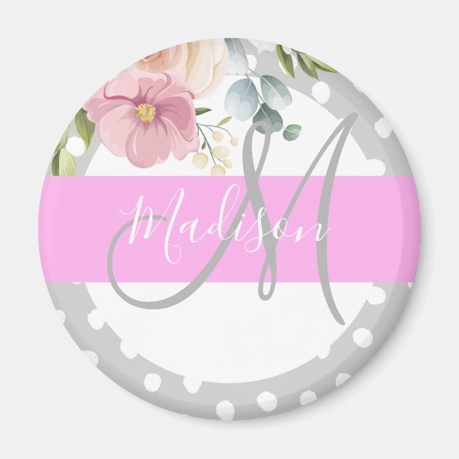 Chic & Girly Floral White Pink Grau Monogramm Name Magnet (Vorne)