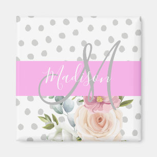 Chic & Girly Floral White Pink Grau Monogramm Name Magnet