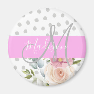 Chic & Girly Floral White Pink Grau Monogramm Name Magnet