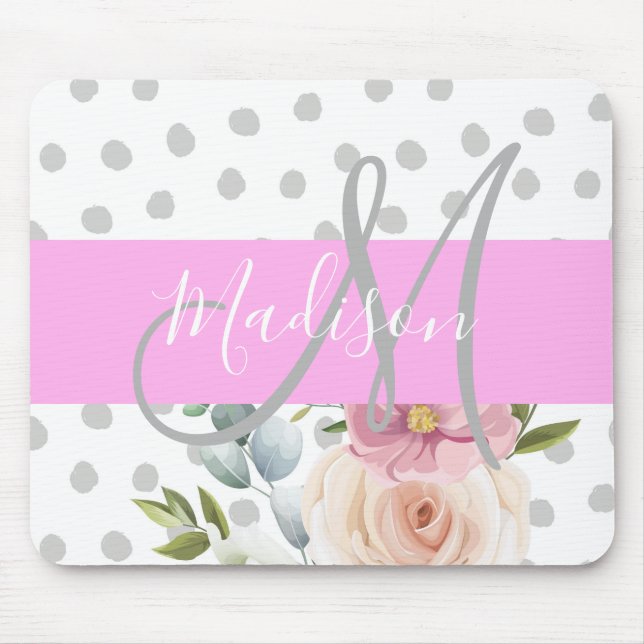 Chic & Girly Floral White Pink Grau Monogramm Name Mousepad (Vorne)