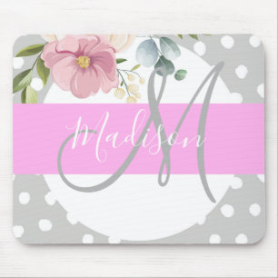 Chic & Girly Floral White Pink Grau Monogramm Name Mousepad