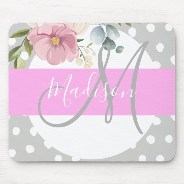 Chic & Girly Floral White Pink Grau Monogramm Name Mousepad (Vorne)