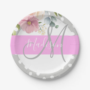 Chic & Girly Floral White Pink Grau Monogramm Name Pappteller
