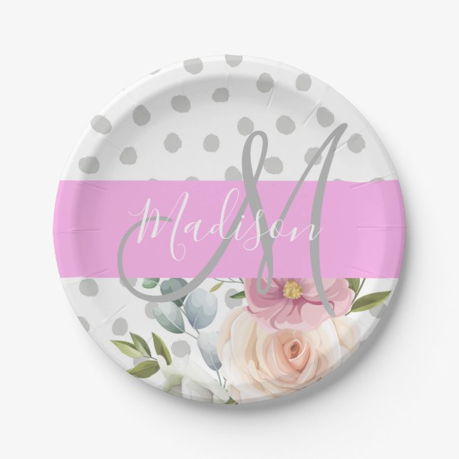 Chic & Girly Floral White Pink Grau Monogramm Name Pappteller (Vorderseite)