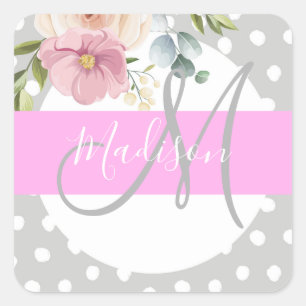 Chic & Girly Floral White Pink Grau Monogramm Name Quadratischer Aufkleber