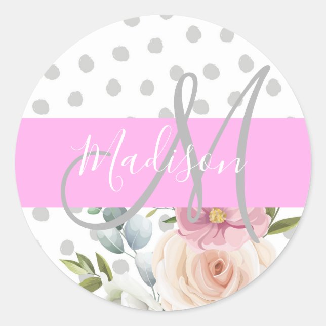 Chic & Girly Floral White Pink Grau Monogramm Name Runder Aufkleber (Vorderseite)
