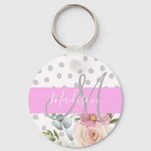 Chic & Girly Floral White Pink Grau Monogramm Name Schlüsselanhänger