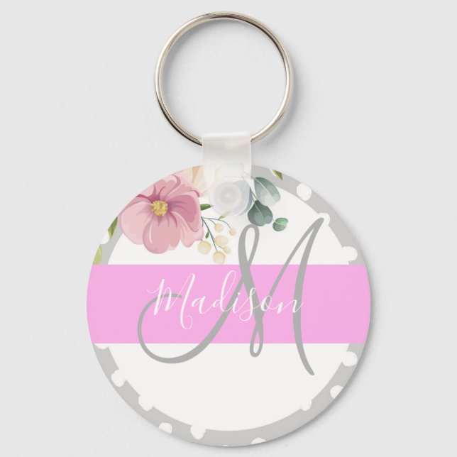 Chic & Girly Floral White Pink Grau Monogramm Name Schlüsselanhänger (Vorderseite)