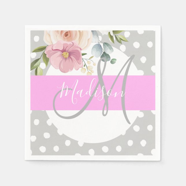 Chic & Girly Floral White Pink Grau Monogramm Name Serviette (Vorderseite)