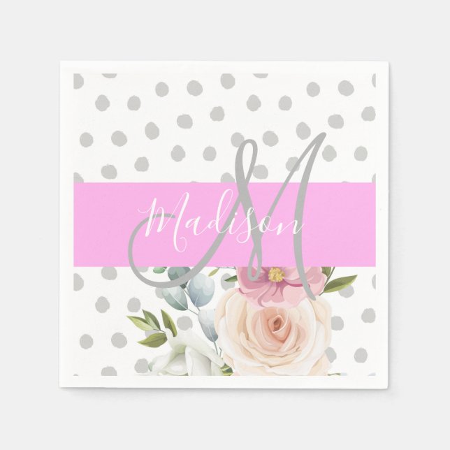 Chic & Girly Floral White Pink Grau Monogramm Name Serviette (Vorderseite)