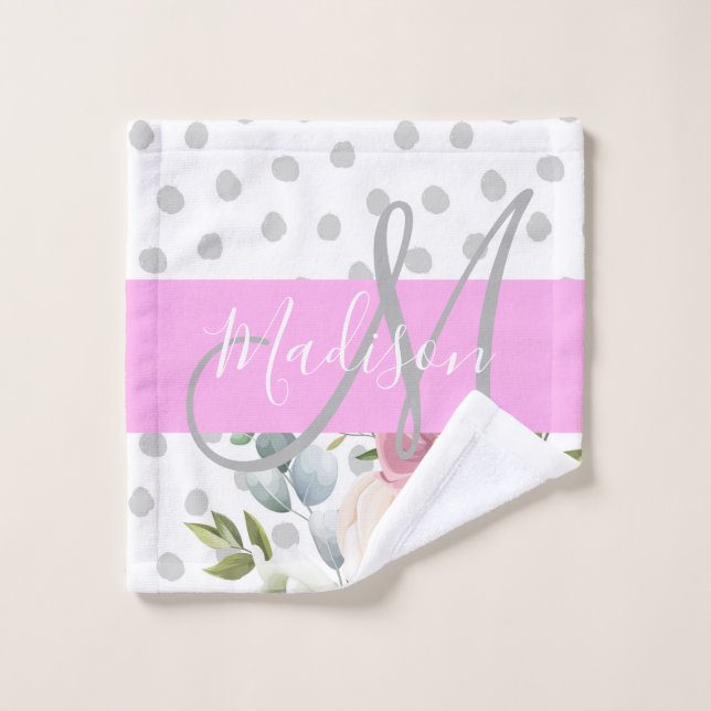 Chic & Girly Floral White Pink Grau Monogramm Name Waschlappen