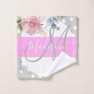 Chic & Girly Floral White Pink Grau Monogramm Name Waschlappen