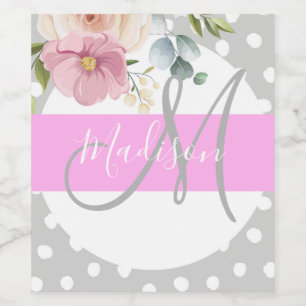 Chic & Girly Floral White Pink Grau Monogramm Name Weinetikett