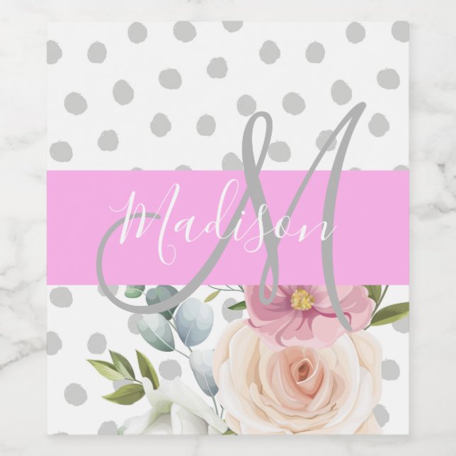 Chic & Girly Floral White Pink Grau Monogramm Name Weinetikett (Einzelnes Label)