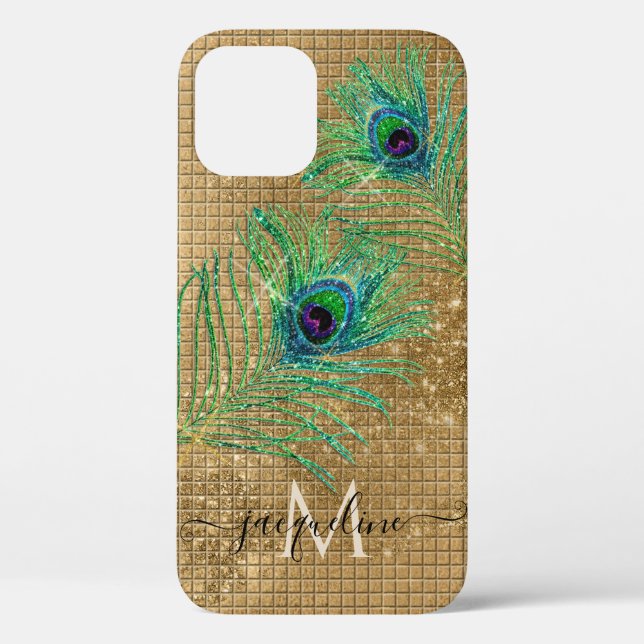 Chic Girly Gold Glitzer Peacock Feathers Monogramm Case-Mate iPhone Hülle (Rückseite)