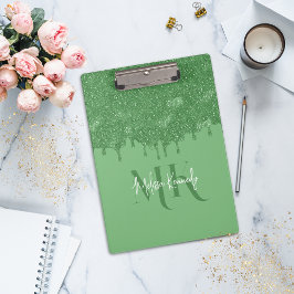 Chic Girly Green Glitzer Tropfens Monogram mit Nam Klemmbrett