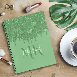 Chic Girly Green Glitzer Tropfens Monogram mit Nam Notizbuch