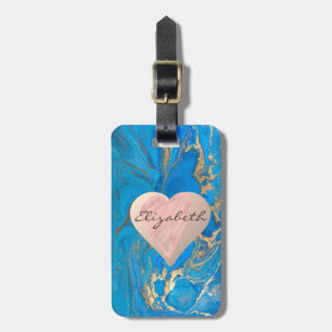 Chic Girly Hearts, Blue Gold Marmor - Personalisie Gepäckanhänger