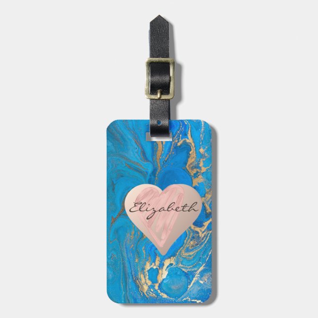 Chic Girly Hearts, Blue Gold Marmor - Personalisie Gepäckanhänger (Vorderseite vertikal)