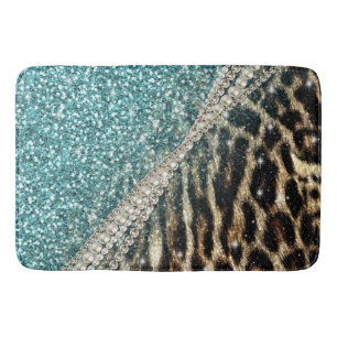 Chic Girly Leopard Print Blue Glitzer Badematte