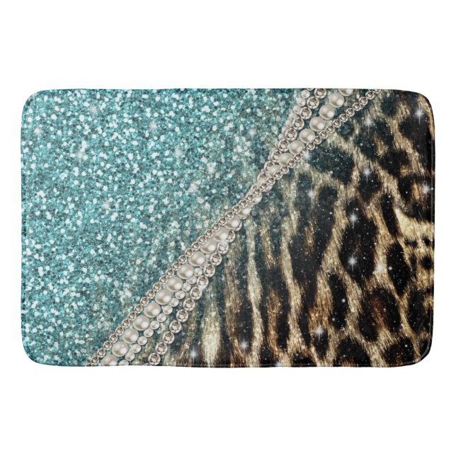 Chic Girly Leopard Print Blue Glitzer Badematte (Vorderseite)