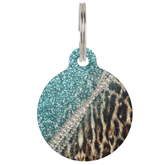 Chic Girly Leopard Print Blue Glitzer Haustiermarke (Rückseite)