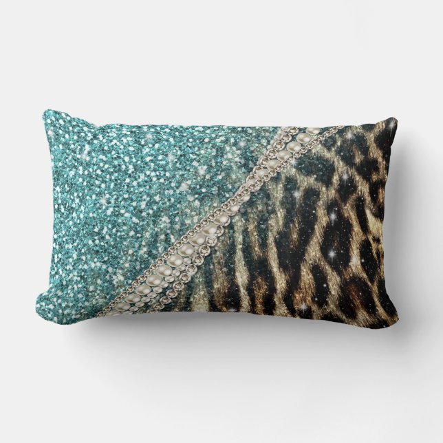Chic Girly Leopard Print Blue Glitzer Lendenkissen (Vorderseite)